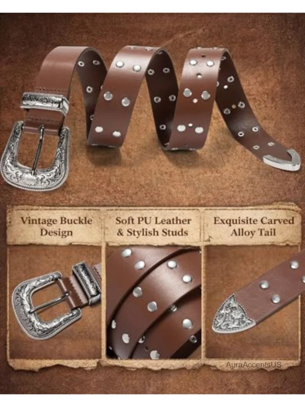 Studded PU Leather Fashion Belt with Western Buckle